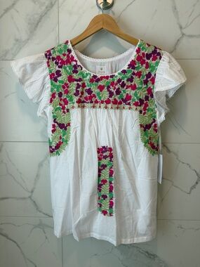 J. Marie White Embroidered Floral Peasant Top with Pink & Green Flowers